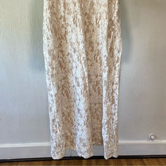Revolve NSR Puff Sleeve Nude Tan White Cream Floral Lace Dress - Picture 5 of 10